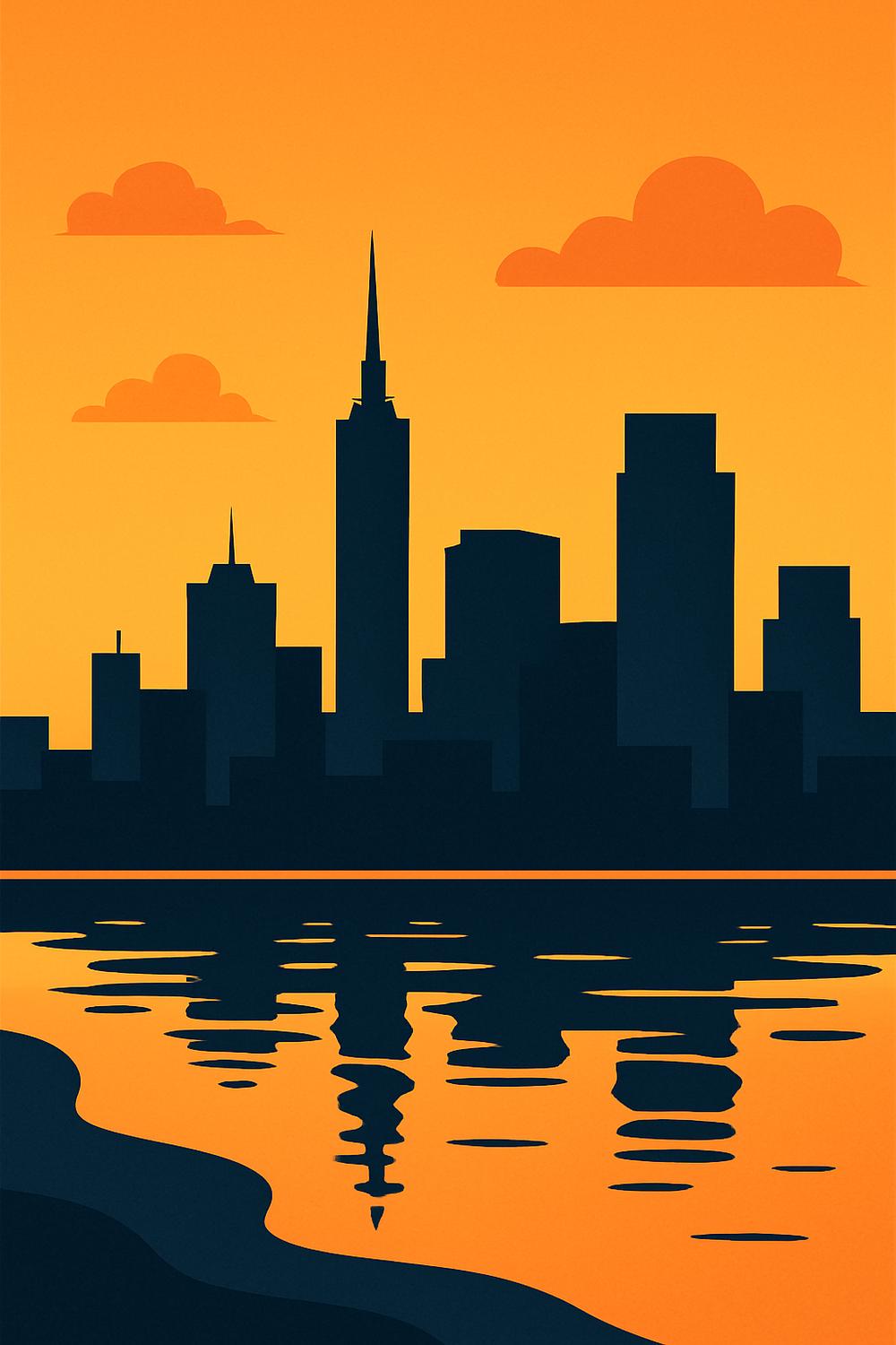 Abstract illustration of a London cityscape with buildings and river